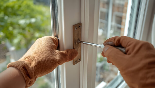 Gloved hands installing window latch