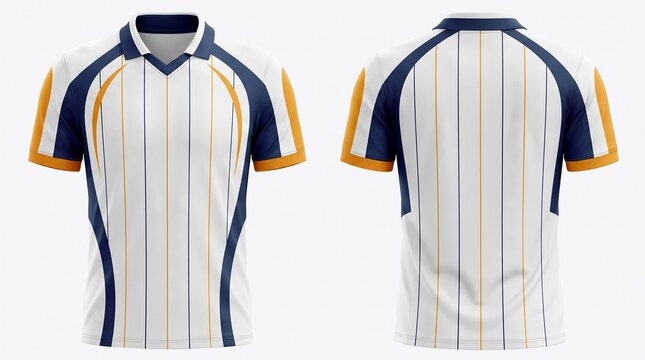 Front and Back View of a Custom Sports Polo Jersey Mockup with Blue and Orange Stripe Design on White Background