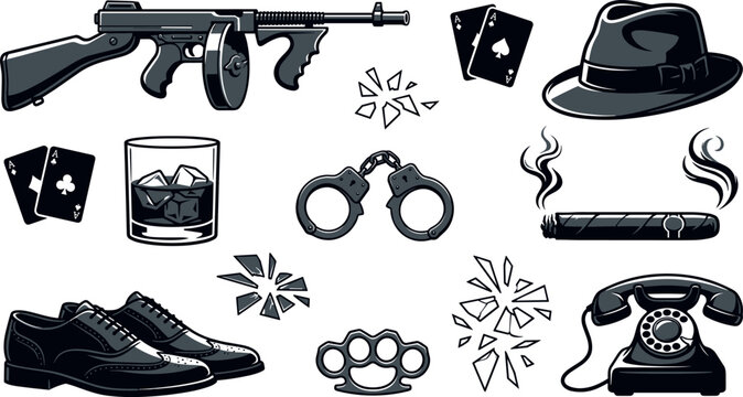 Vintage Gangster Crime Collection with Tommy Gun, Fedora Hat, Cigar, Handcuffs, Whiskey Glass, Brass Knuckles and Mafia Vector Illustration