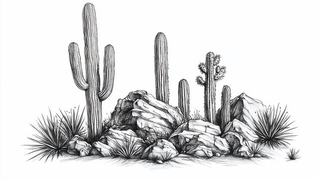 Desert landscape illustration featuring cacti and rocks