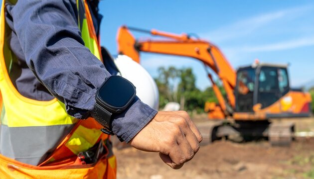 Construction Worker Wearing Smartwatch at Building Site