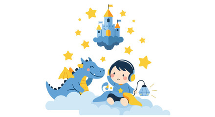 Naklejka premium A whimsical illustration shows a young boy with headphones and a blue dragon on a cloud, below a floating castle amidst glowing stars.