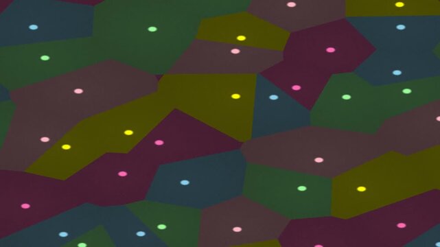 Abstract geometric pattern with glowing dots on colorful polygons