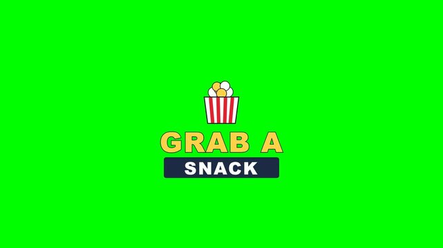 4K green screen GRAB A SNACK stream standby screen - a bouncing popcorn box, looping Twitch overlay for streamers and live broadcasts, chroma key