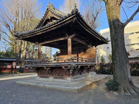 Kagura den sacred dance stage at Nezu Shrine in Tokyo, Japan.