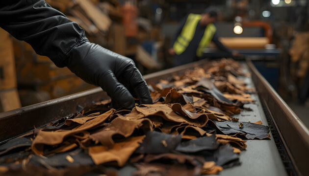 Gloved Hand Inspecting Brown Leather Pieces on Industrial Conveyor Belt in Factory