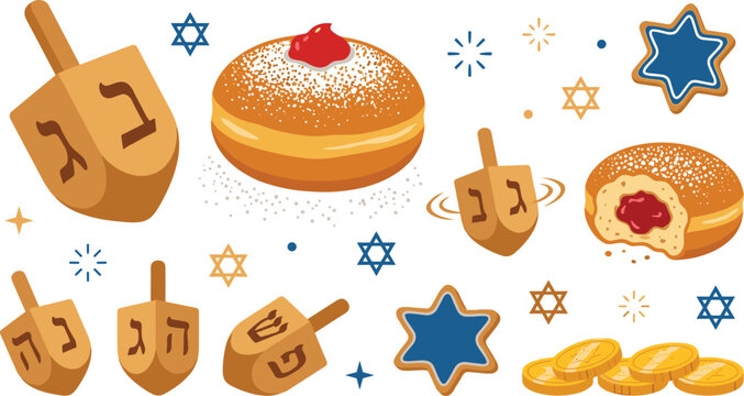 Hanukkah Food and Dreidel Vector Illustration Set with Sufganiyot Donuts, Dreidels, Star Cookies, and Chocolate Gelt Isolated Collection
