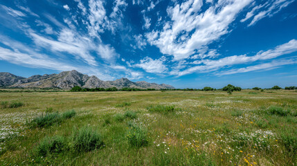 Obraz premium green meadow with scattered wildflowers under blue sky