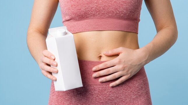 Blank small juice carton box mockup held by woman in fitness wear against pastel studio