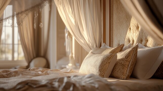 close up of luxury bedroom in mansion with canopy bed and textured fabrics, soft golden light, hyperrealistic, crisp focus generative ai