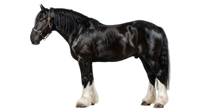 Majestic black draft horse standing sideways with feathered hooves wearing a leather halter as an isolated PNG with transparent background
