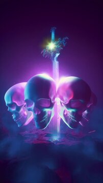 Gothic Fantasy Altar With Ring Of Spinning Skulls And Legendary Sword 3D Render