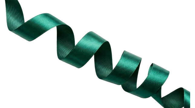 Shiny emerald green satin ribbon spiraling into elegant curls shown in PNG as an isolated image with transparent background