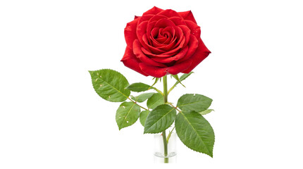 Single blooming red rose with green stem and leaves standing upright captured in PNG as an isolated image with transparent background © Inkartia