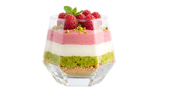 Layered dessert in glass featuring pistachio cream and raspberries topped with fresh mint as an isolated PNG with transparent background