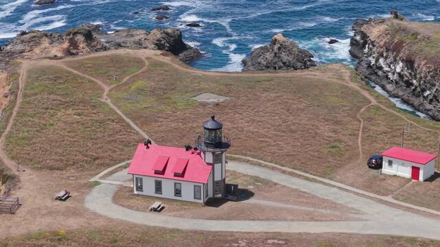 Discover Point Cabrillo Lighthouse from above, capturing its location near Mendocino and Fort Bragg along the ocean shoreline.