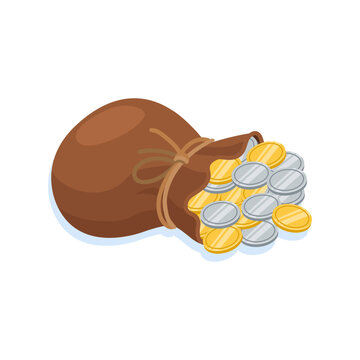 vector illustration of a brown leather drawstring pouch overflowing with shiny gold and silver coins isolated on a white background