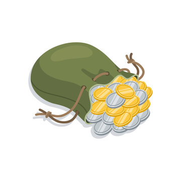  vector illustration of a green fabric drawstring pouch spilled with numerous gold and silver coins isolated on a white background