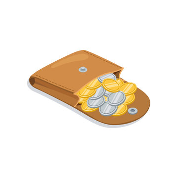 Isometric vector illustration of an open tan leather coin purse or small wallet filled with gold and silver coins isolated on a white background