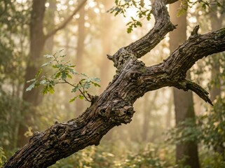 Fototapeta premium Sunlit Forest Branch with Fresh Green Leaves.