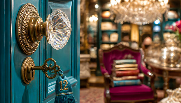 Teal Door with Brass Handle and Crystal Knob in Luxury Room