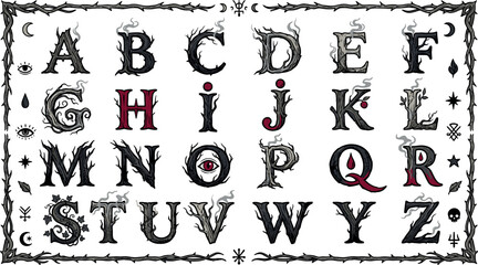 Creepy horror alphabet vector collection featuring haunted gothic letters, thorny border, eerie eye, occult symbols and spooky Halloween typography design © Shekhor studioBD
