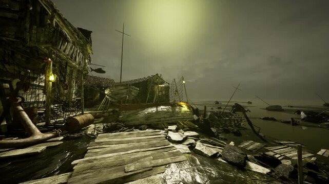 Dawn lit debris strewn fishing shore, cracked boardwalk and leaning shacks, greenish sun halo over misty water, scattered nets and lantern glow suggest recent