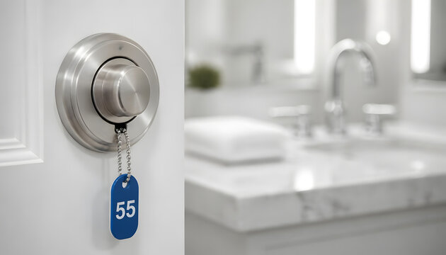 Hotel Room Key Card on Door Handle with Bathroom Interior