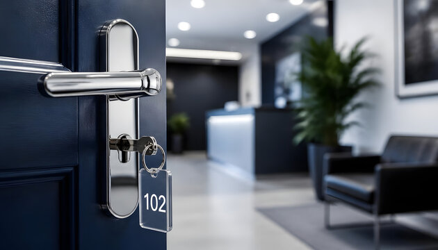 Hotel Room Door with Key Card and Modern Lobby Interior