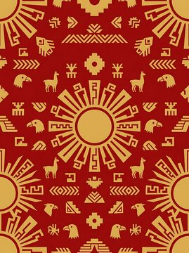 Seamless incan pattern with sun and llama symbols on red background