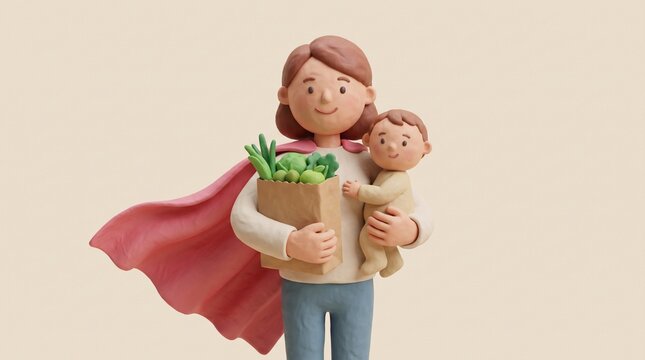 3D Illustration of a Supermom with Cape Holding Baby and Groceries