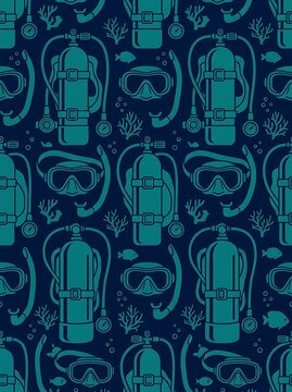 Scuba diving gear seamless pattern with oxygen tanks and masks