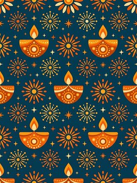 Seamless pattern featuring diya lamps and festive bursts on dark blue