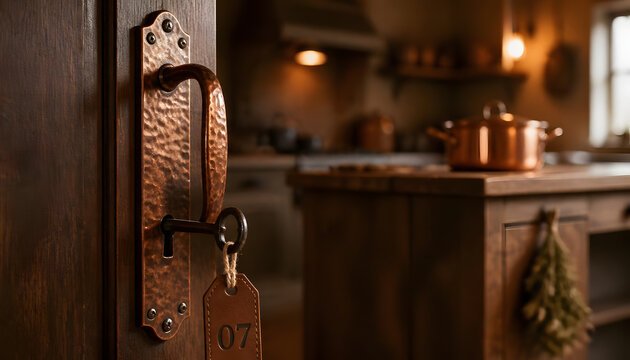 Copper Door Handle with Key in Rustic Kitchen Interior