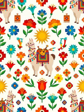 Vibrant folk art seamless pattern with llamas and desert flowers
