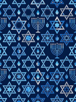 Hanukkah pattern with stars of david menorahs and dreidels on blue