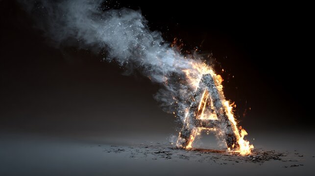 Capital Letter A engulfed in bright flames and smoke on a dark background.