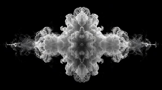 Abstract white smoke cloud forming a symmetrical Rorschach inkblot shape on black background.
