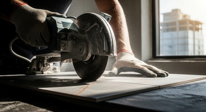 Precision Tile Cutting With Power Saw In Construction Site