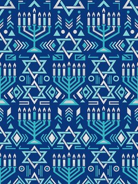 Blue and silver hanukkah pattern with menorahs and geometric stars