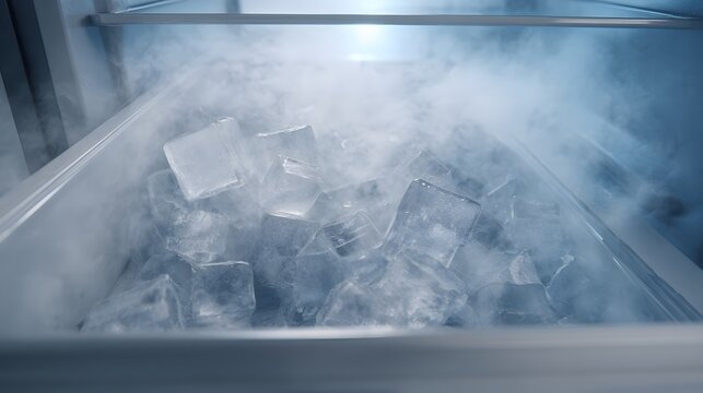 Ice cubes inside frosty freezer drawer.