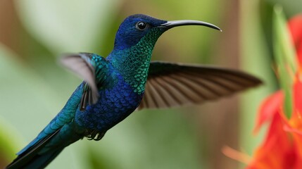 Fototapeta premium Close-up of a vibrant blue and green hummingbird with wings blurred in motion, hovering near a bright red flower