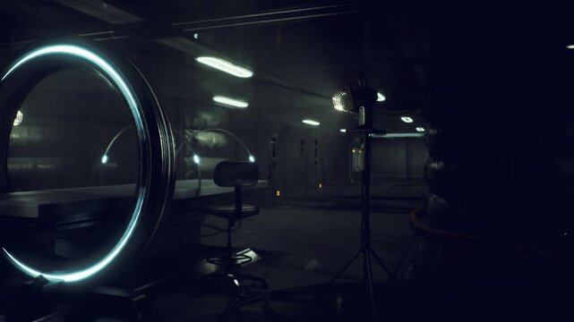 Empty lab corridor inside space station, dim overhead lights and ring reflections highlight benches and consoles, scattered dust motes and silent atmosphere