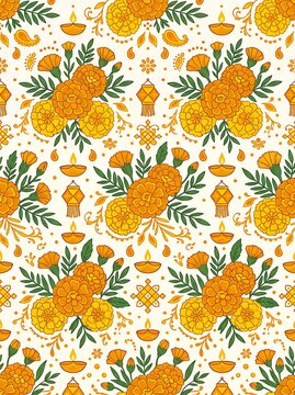 Seamless diwali pattern with marigold flowers and oil lamps