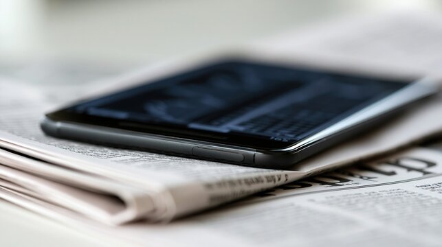 Close-up of a modern e-reader device resting on a folded newspaper, highlighting digital media and print contrast