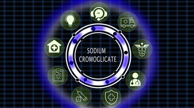 Advanced medical infographic display featuring sodium cromoglicate pharmaceutical treatment protocols with animated circular and digital data visualization for healthcare presentations