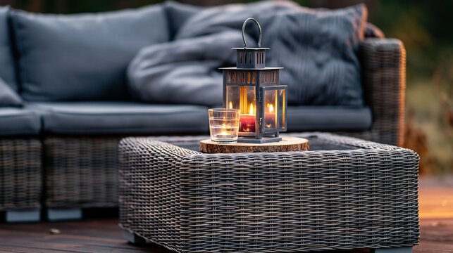 Cozy Outdoor Evening Ambiance with Lantern and Cushioned Sofa on Deck