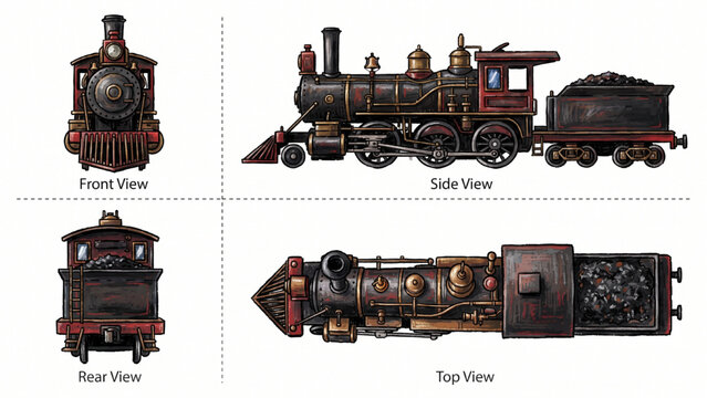 Old Train Engine Vector Collection with Front Side Rear and Top Views Vintage Locomotive Illustration