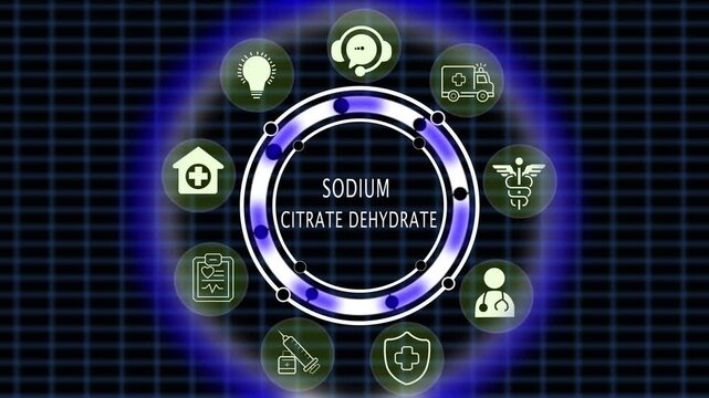 Scientific animation featuring sodium citrate dehydrate chemical compound surrounded by medical and healthcare symbols in a futuristic digital interface for pharmaceutical research and education
