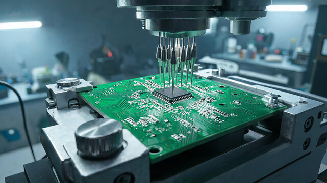 Automated testing equipment probes a printed circuit board with an integrated semiconductor chip in a technical laboratory setting.